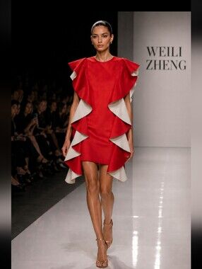 Nwot Weili Zheng Red /Ivory Double Ruffle Rounded Neckline Designer Sheath Dress